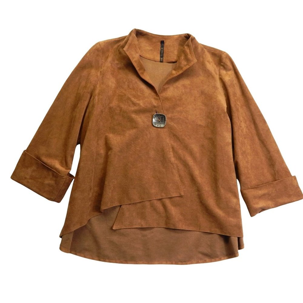 IC By Connie K Womens Tan Suede Jacket Asymmetrical Lagenlook Size XXL